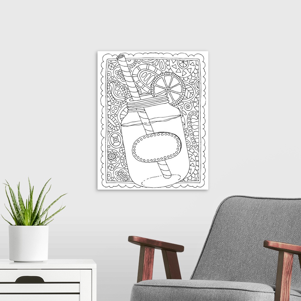 A modern room featuring Black and white line art of a mason jar full of sweet tea with a lemon the the rim on an intricat...