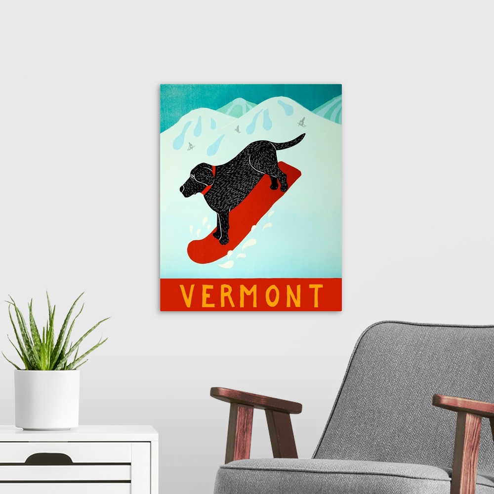 A modern room featuring Illustration of a black lab going down the slopes in Vermont on a red snowboard.