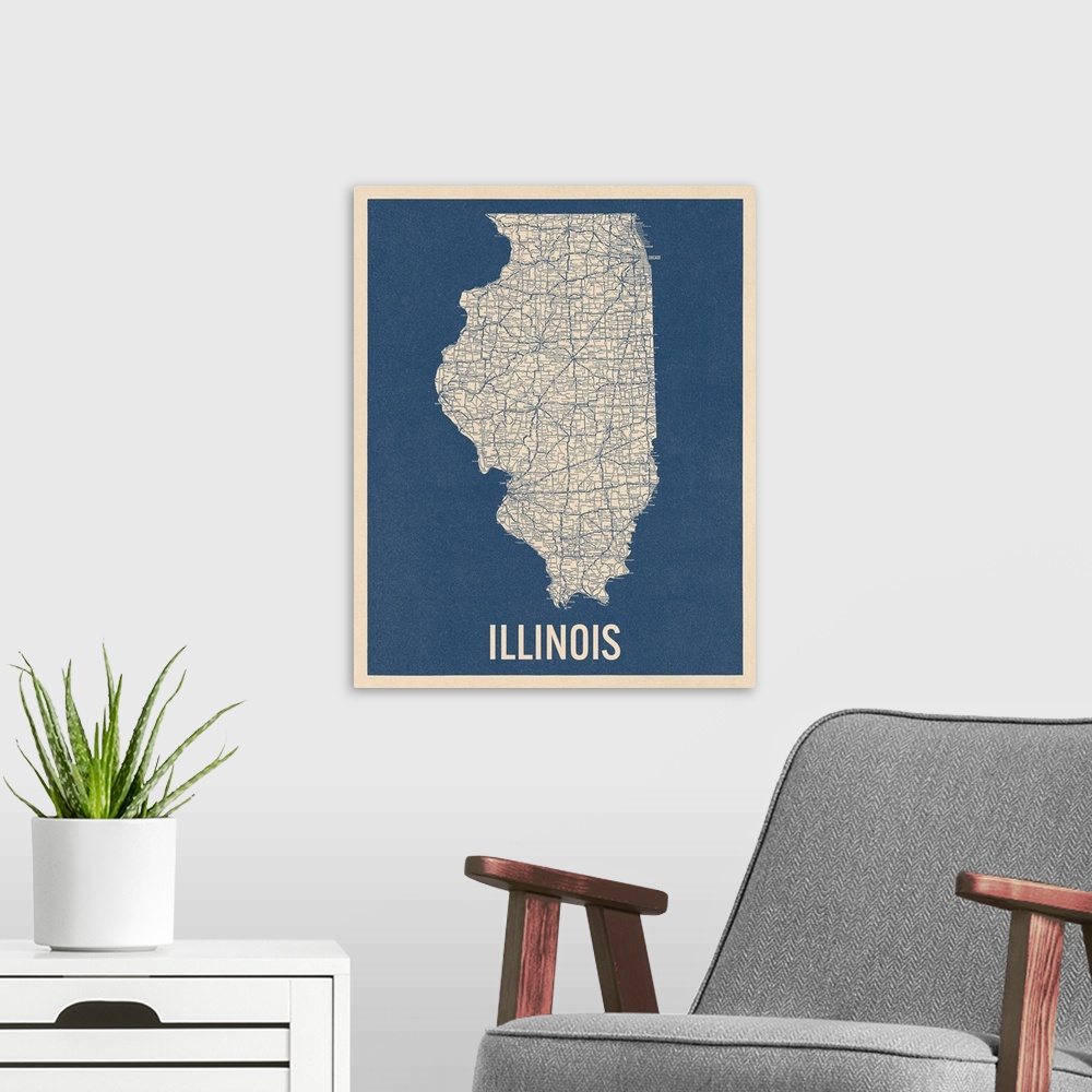 A modern room featuring Vintage Illinois Road Map 2