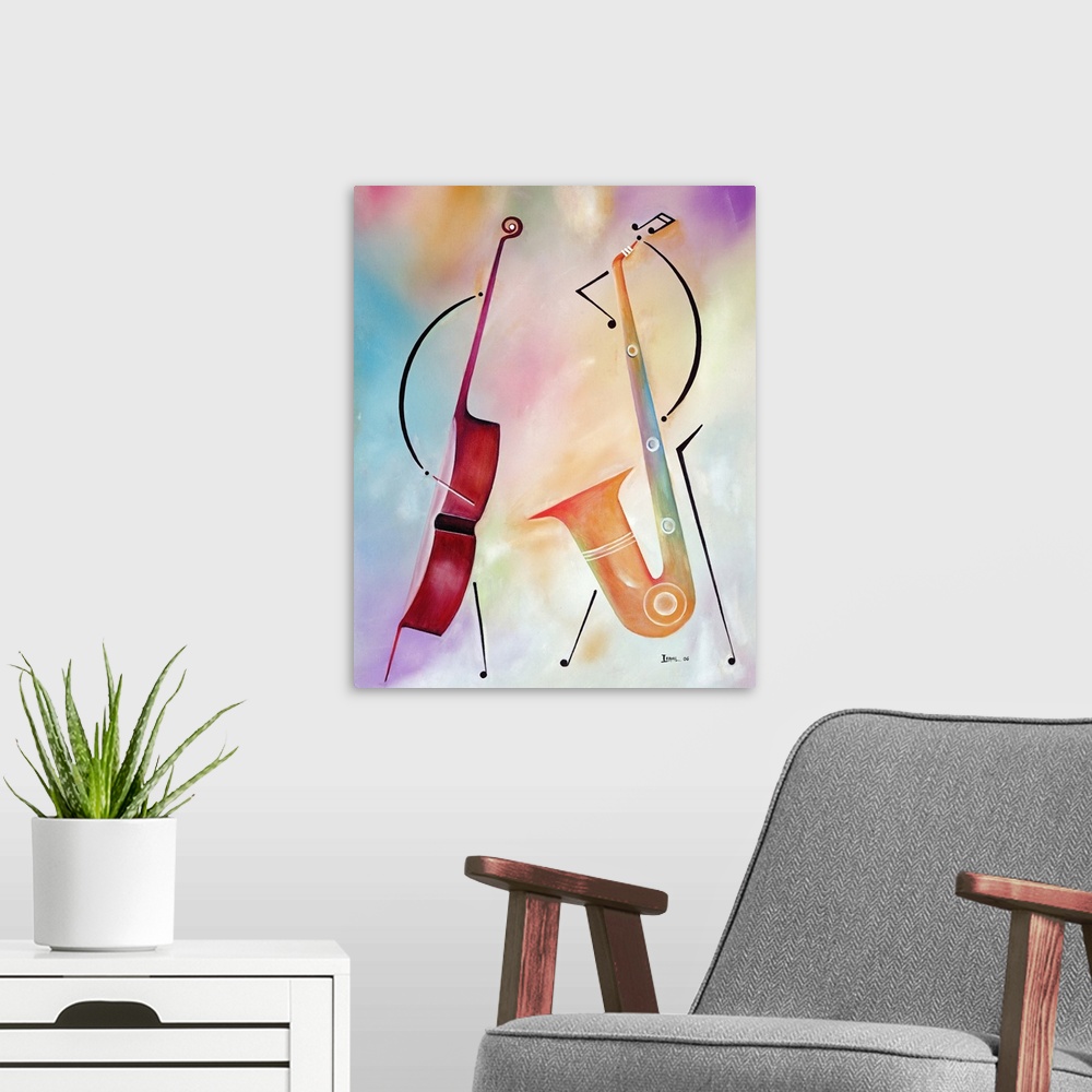 A modern room featuring An abstract piece of artwork of a bass standing and a saxophone standing right next to it. The ba...