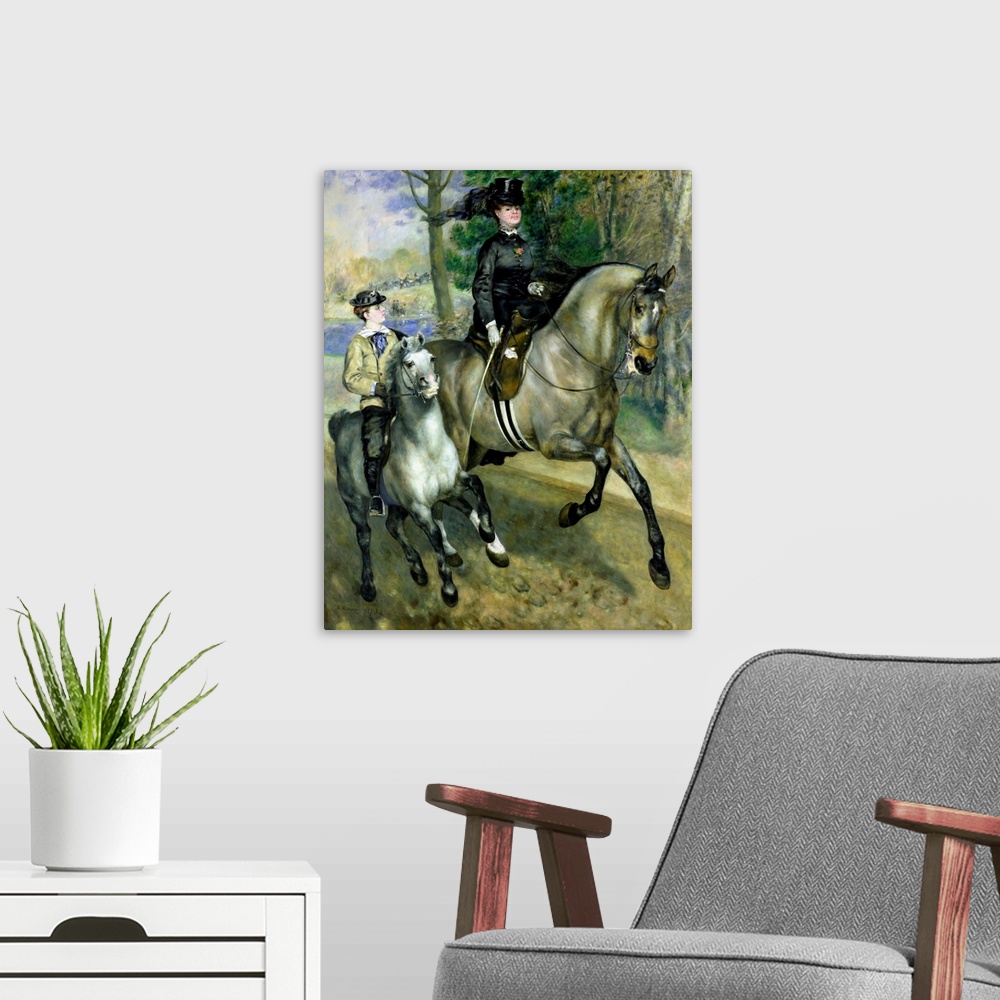 A modern room featuring Huge classic art depicts a finely dressed woman and boy riding a couple of horses down a path nex...