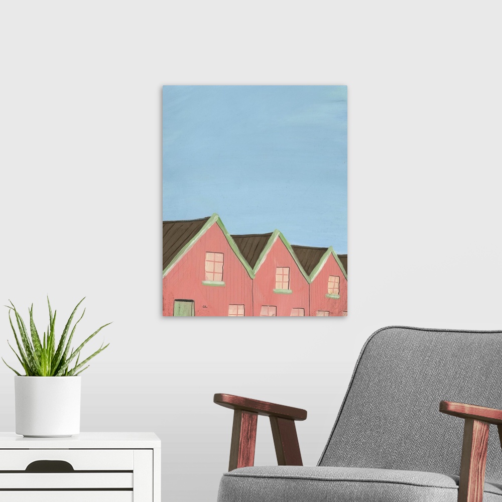 A modern room featuring House, 2013, oil on paper.  By Grace Helmer.