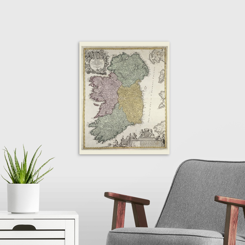 A modern room featuring An antique map of Ireland showing the Provinces of Ulster, Munster, Connaught and Leinster.