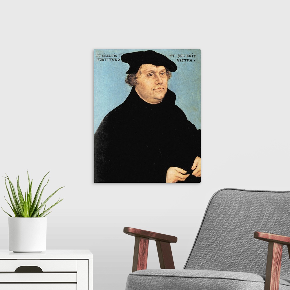A modern room featuring XPH308460 Martin Luther, c.1532 (oil on panel)  by Cranach, Lucas, the Elder (1472-1553); Museum ...