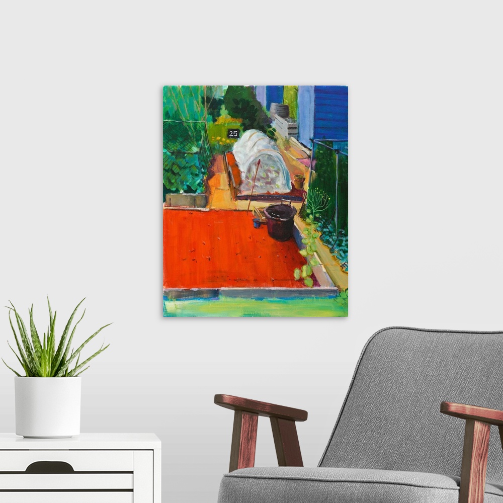A modern room featuring Contemporary painting of a garden.