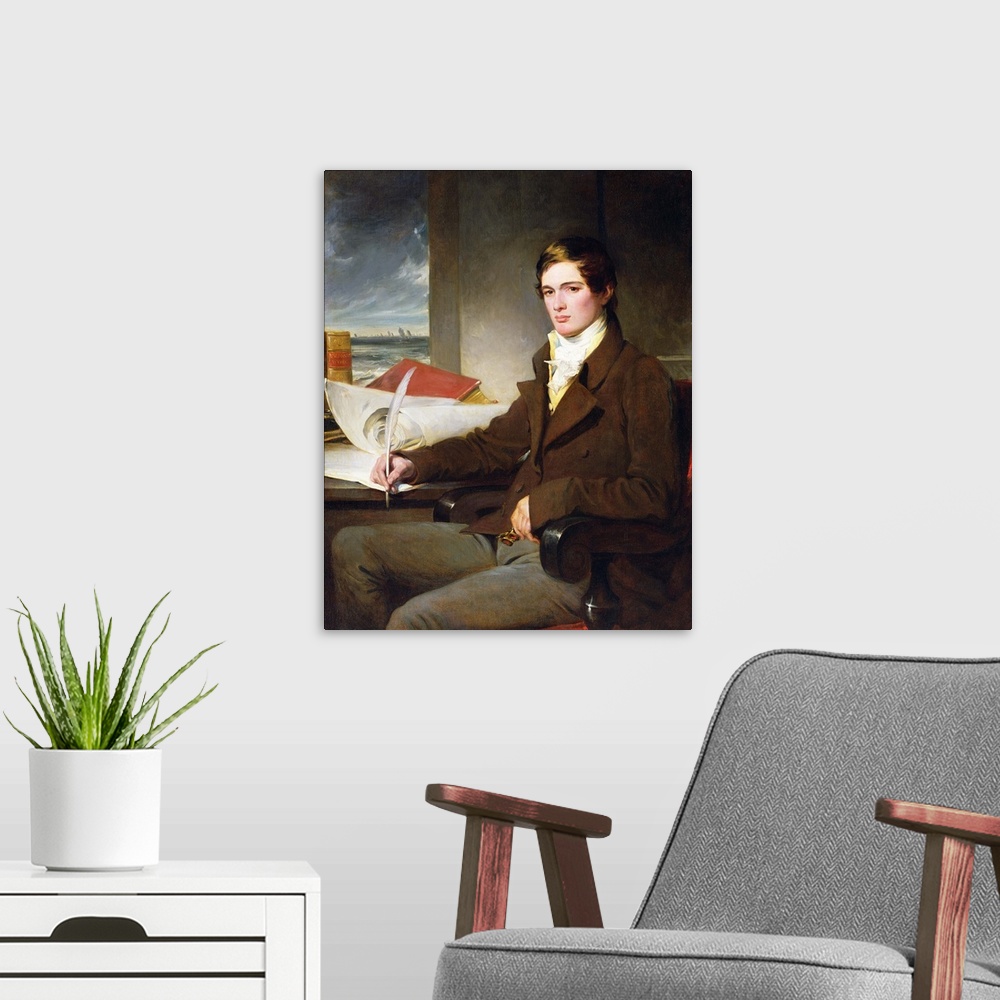 A modern room featuring Portrait of a Young Gentleman, oil on canvas.  By English School.