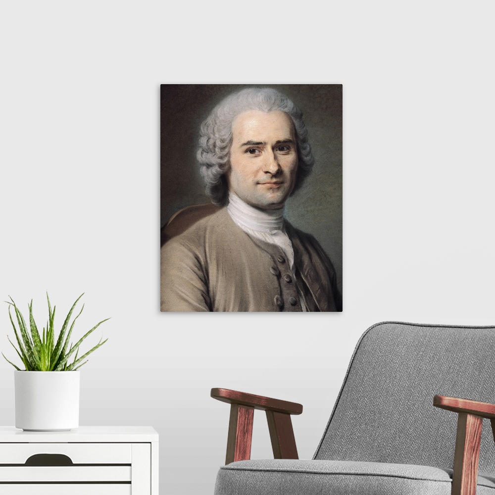 A modern room featuring XIR70897 Portrait of Jean Jacques Rousseau (1712-78) (pastel on paper); by Tour, Maurice Quentin ...