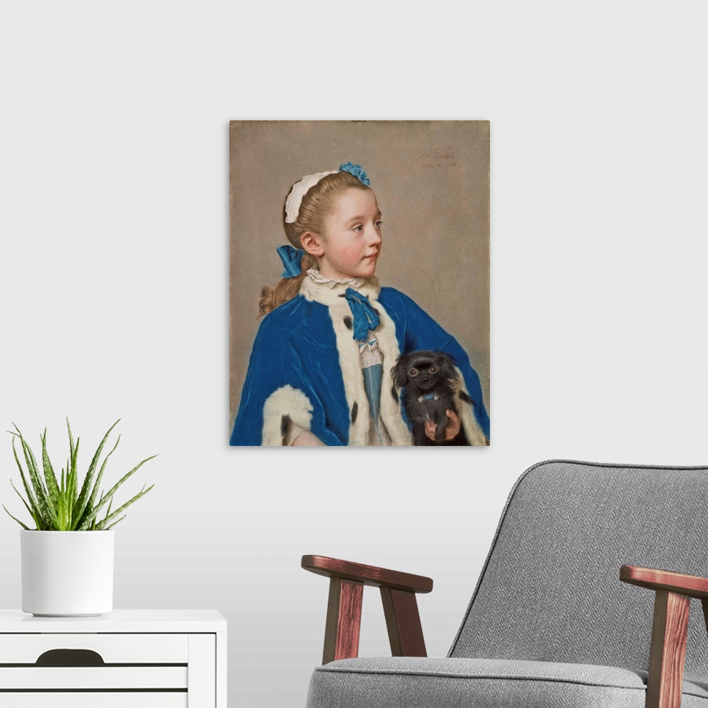 A modern room featuring Portrait of Maria Frederike van Reede-Athlone at Seven Years of Age, 1755, pastel on vellum.  By ...