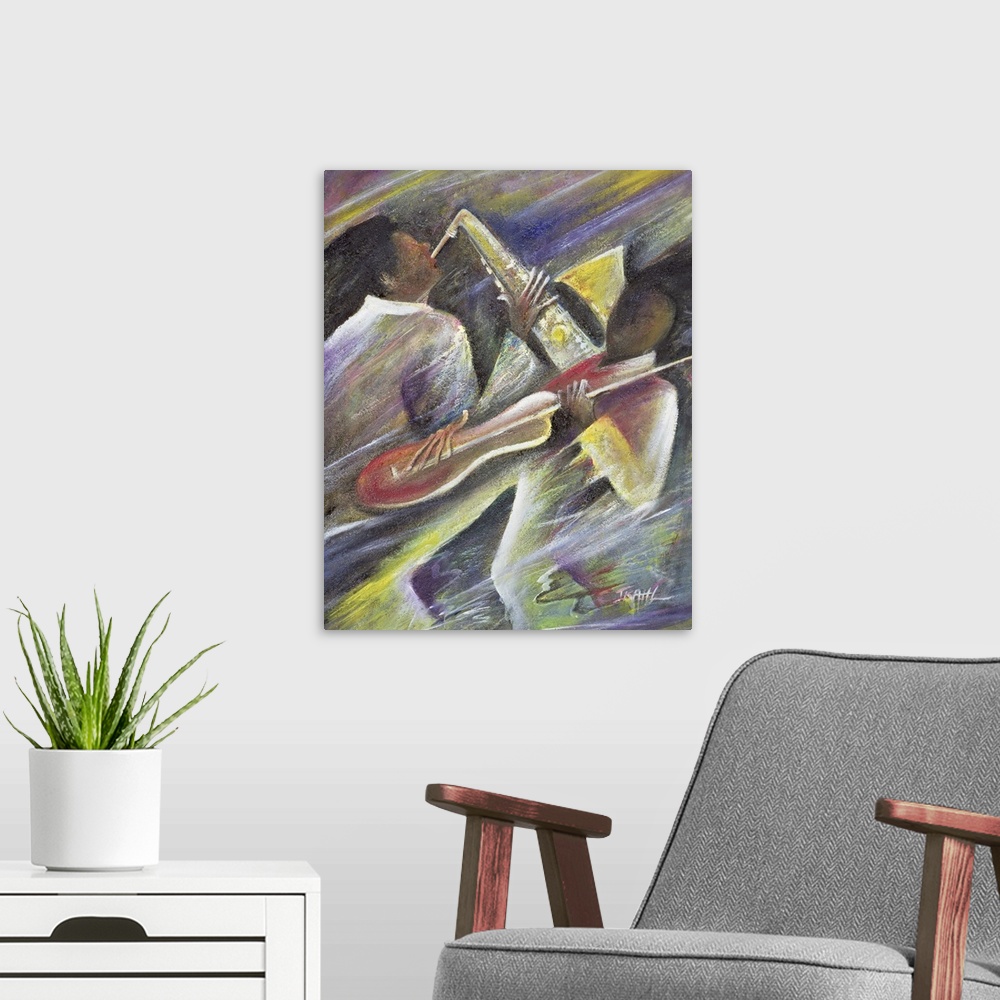 A modern room featuring A contemporary piece of artwork with a saxophone player and a cello player with pastel like color...