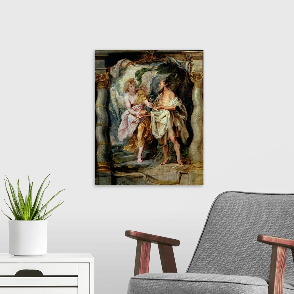 A modern room featuring XIR75729 The Prophet Elijah and the Angel in the Wilderness, c.1626-28 (panel)  by Rubens, Peter ...