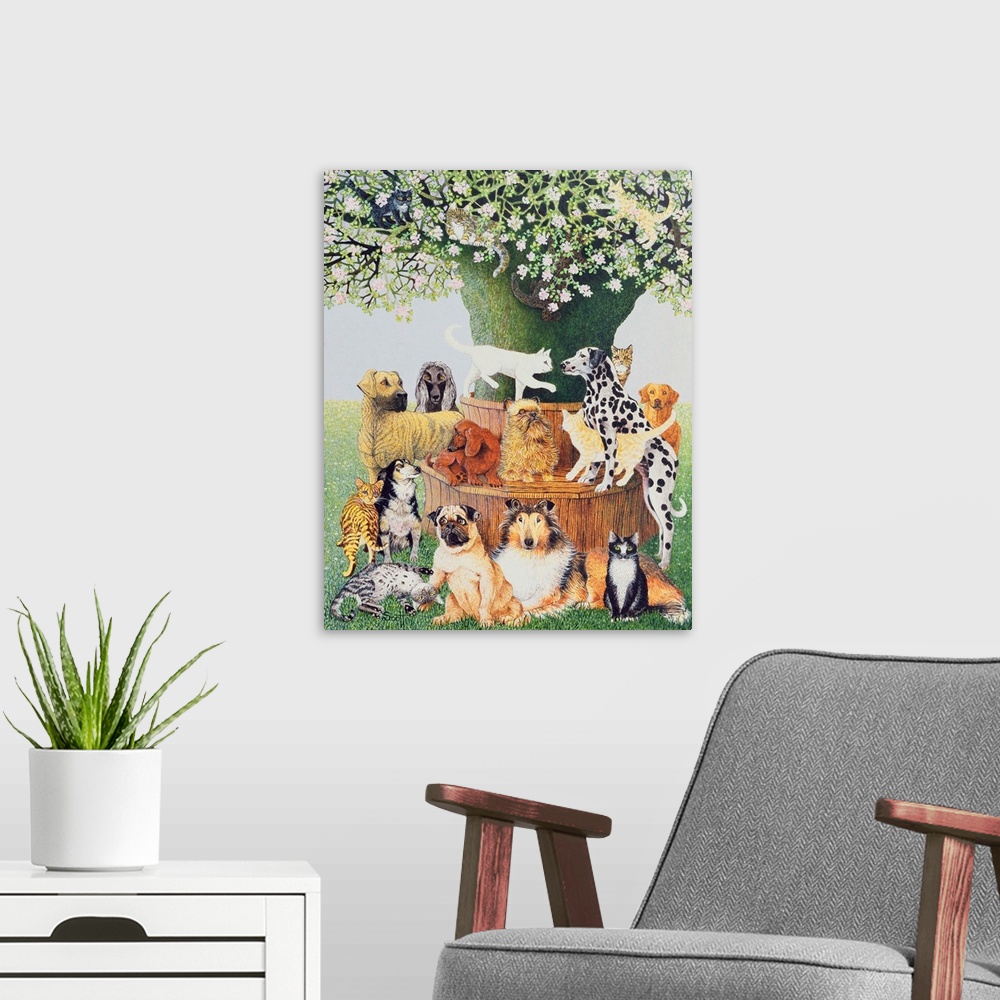 A modern room featuring Contemporary painting of a variety of different dogs and cats around a tree.
