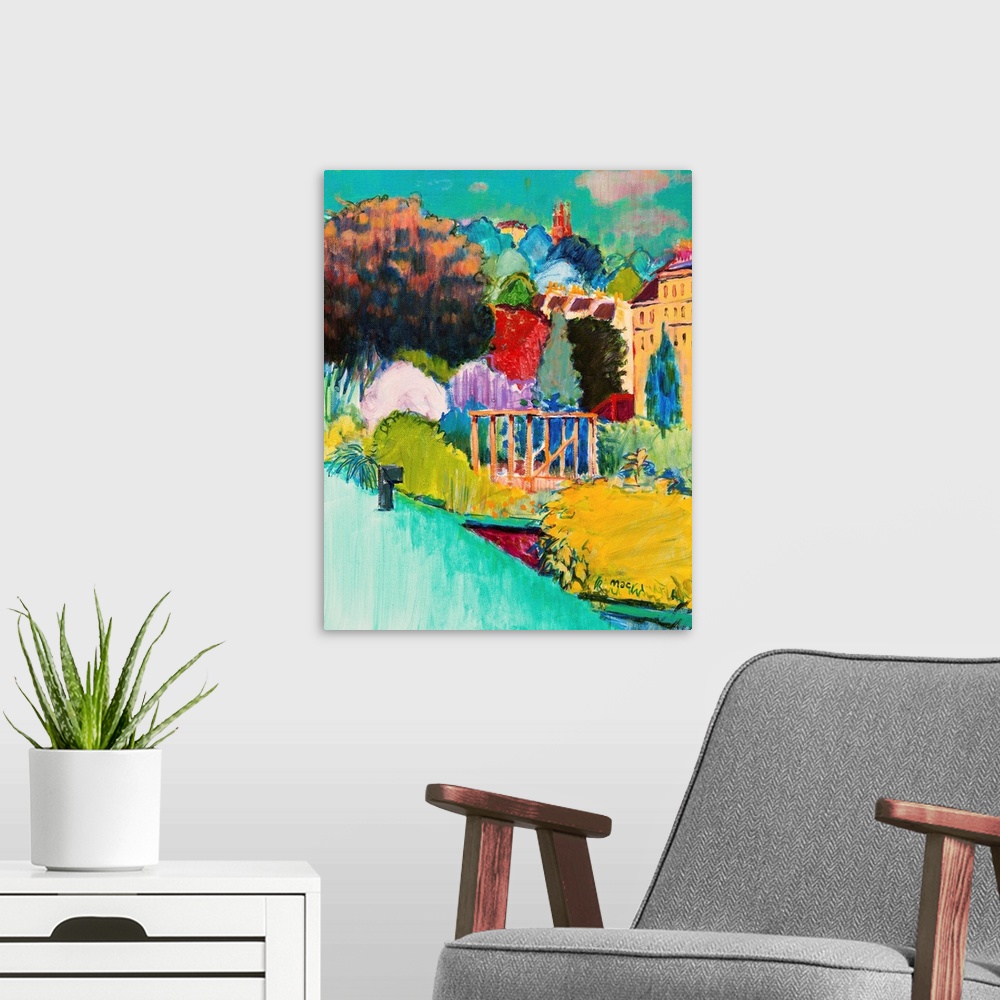 A modern room featuring Contemporary painting of a garden using vibrant colors.