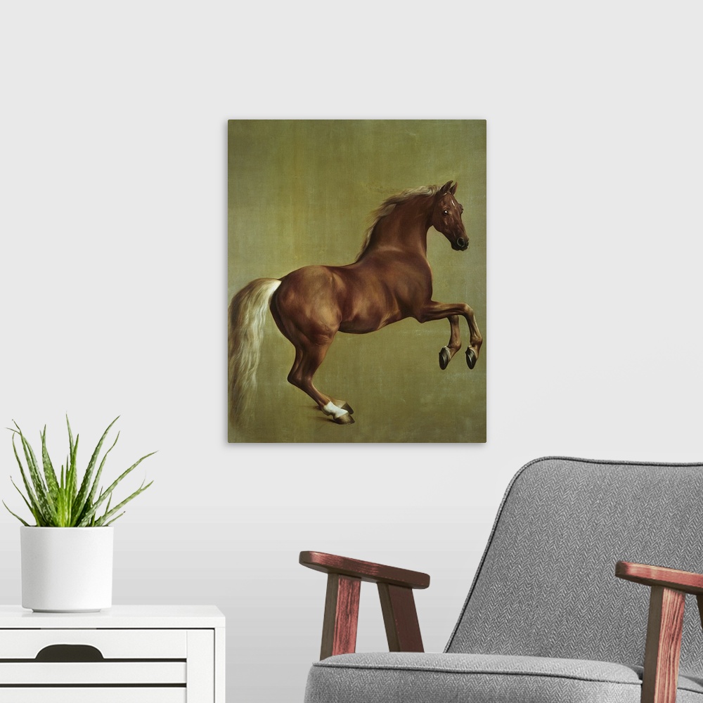 A modern room featuring Big classic art portrays a dark colored horse with its front hooves above the ground.  Artist pla...