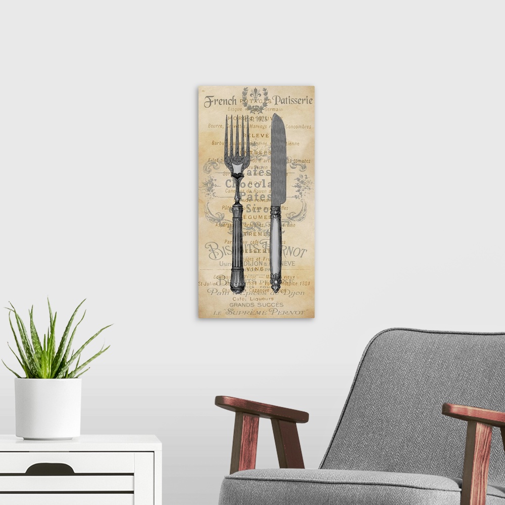 A modern room featuring Kitchen decor with an illustration of a  fork and knife in the foreground and text in the backgro...