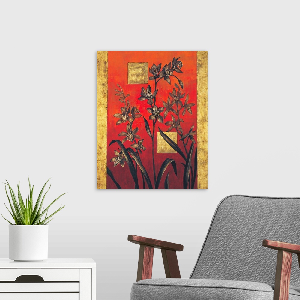 A modern room featuring Contemporary painting of lilies on a bold red background with two golden squares and a vertical g...