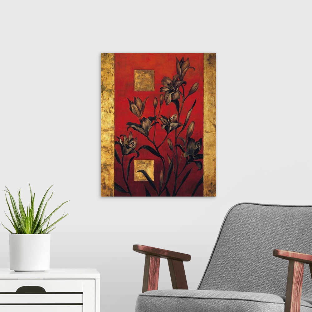A modern room featuring Contemporary painting of lilies on a bold red background with two golden squares and a vertical g...
