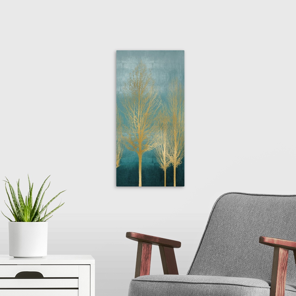A modern room featuring Gold Trees on Aqua Panel II