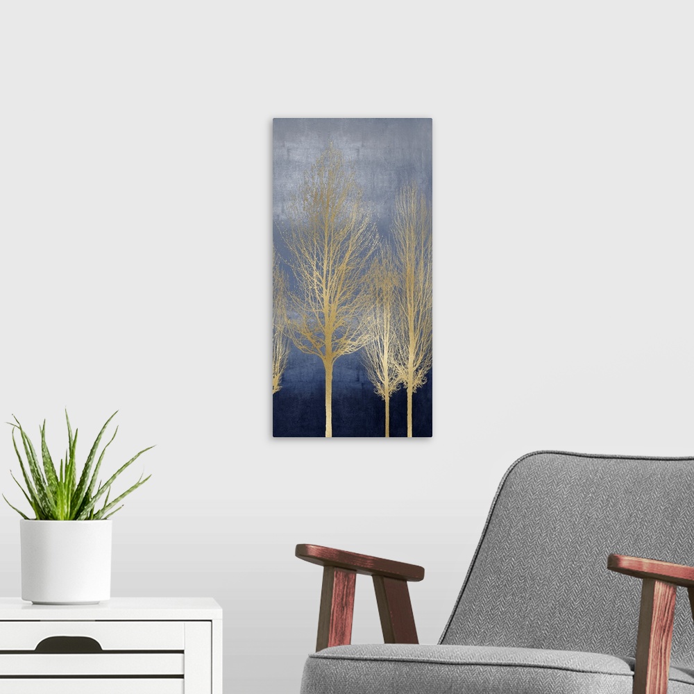 A modern room featuring Gold Trees on Blue Panel II