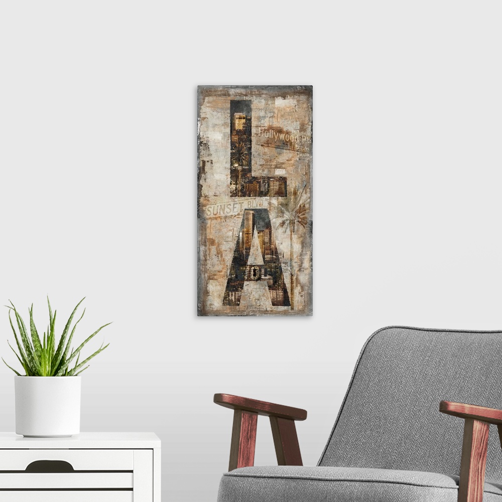 A modern room featuring Rustic sign with LA written vertically with the skyline in the letters and street signs and a pal...
