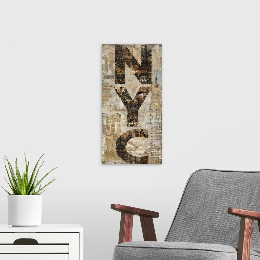 A modern room featuring Rustic sign with NYC written vertically with the skyline inside the letters and the Chrysler Buil...