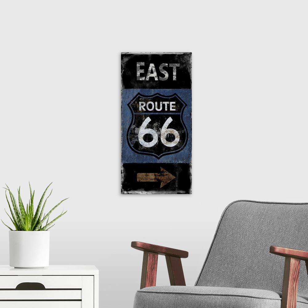 A modern room featuring East Route 66 vintage sign in black, white, blue, and copper.