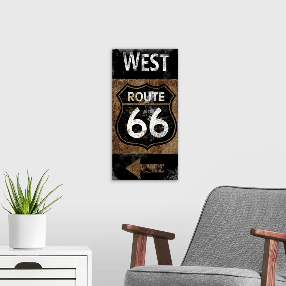 A modern room featuring West Route 66 vintage sign in black, white, and copper.