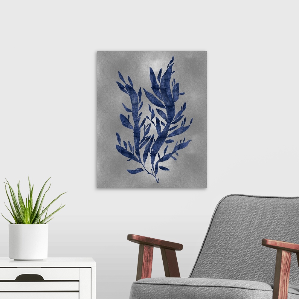 A modern room featuring Indigo silhouette of seaweed on a silver background.
