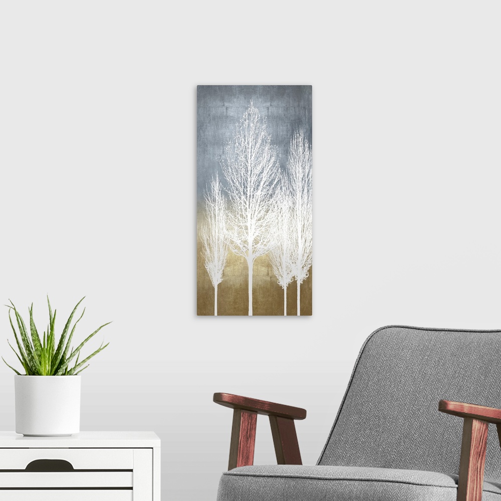 A modern room featuring Trees on Gold Panel II