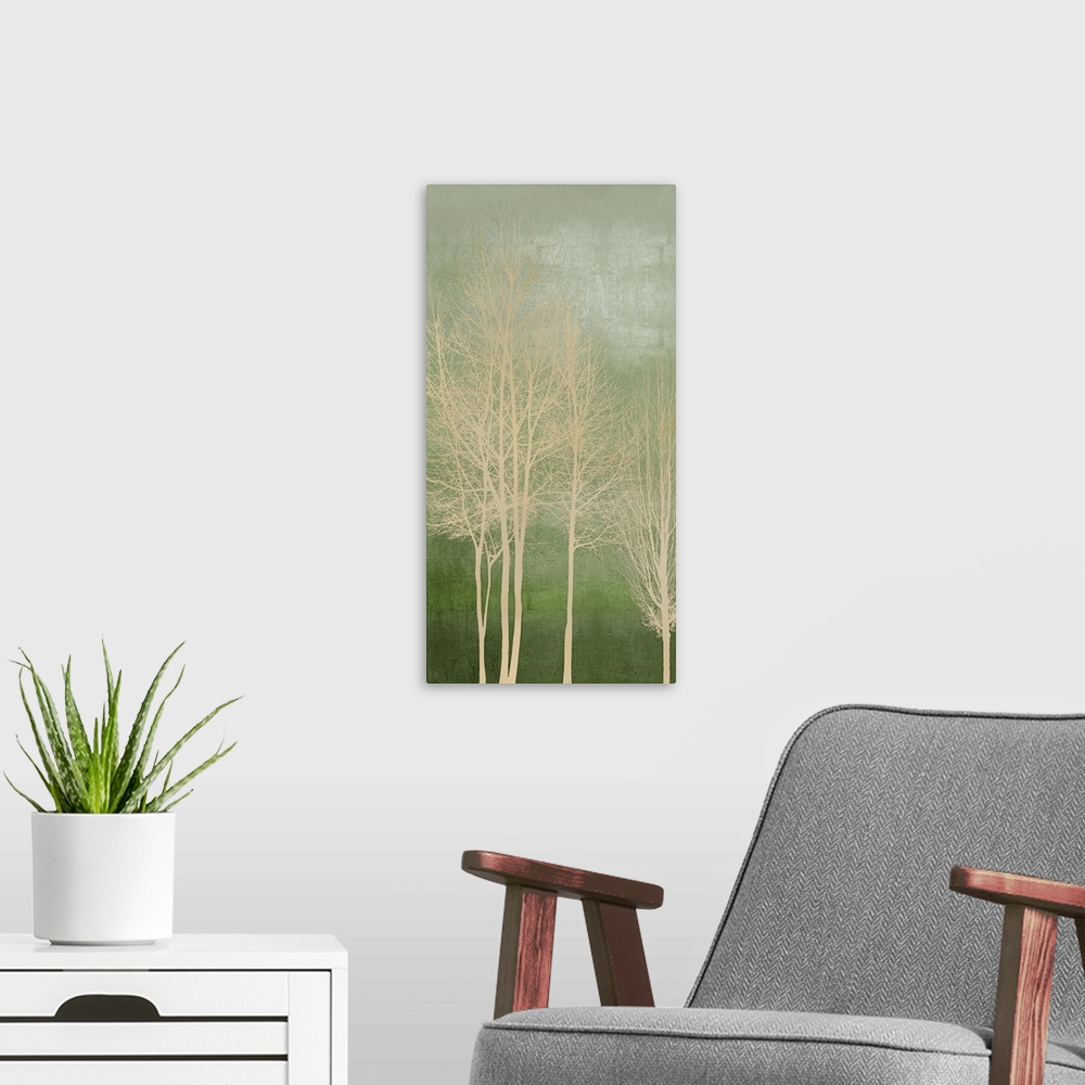A modern room featuring Trees on Green Panel I