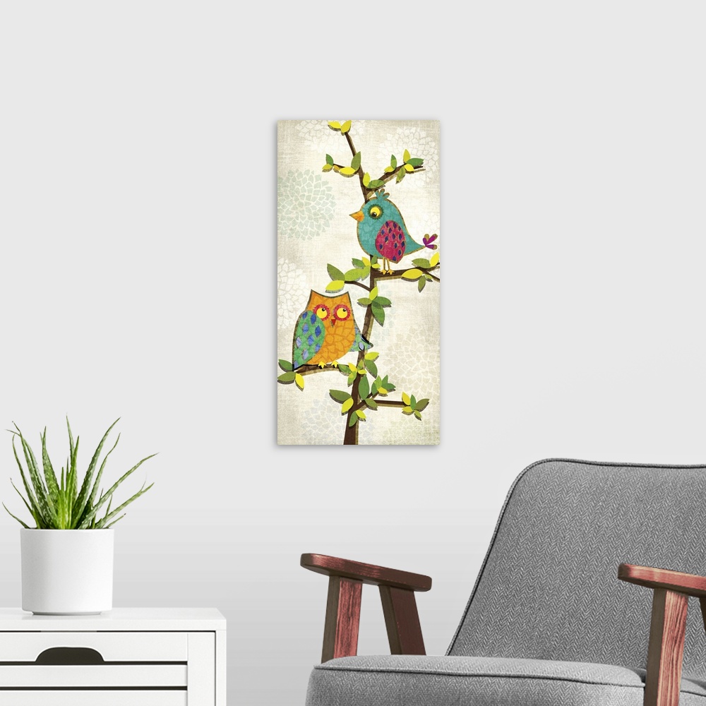 A modern room featuring Decorative artwork of a colorful bird and owl on a tree with a floral patterned beige background.