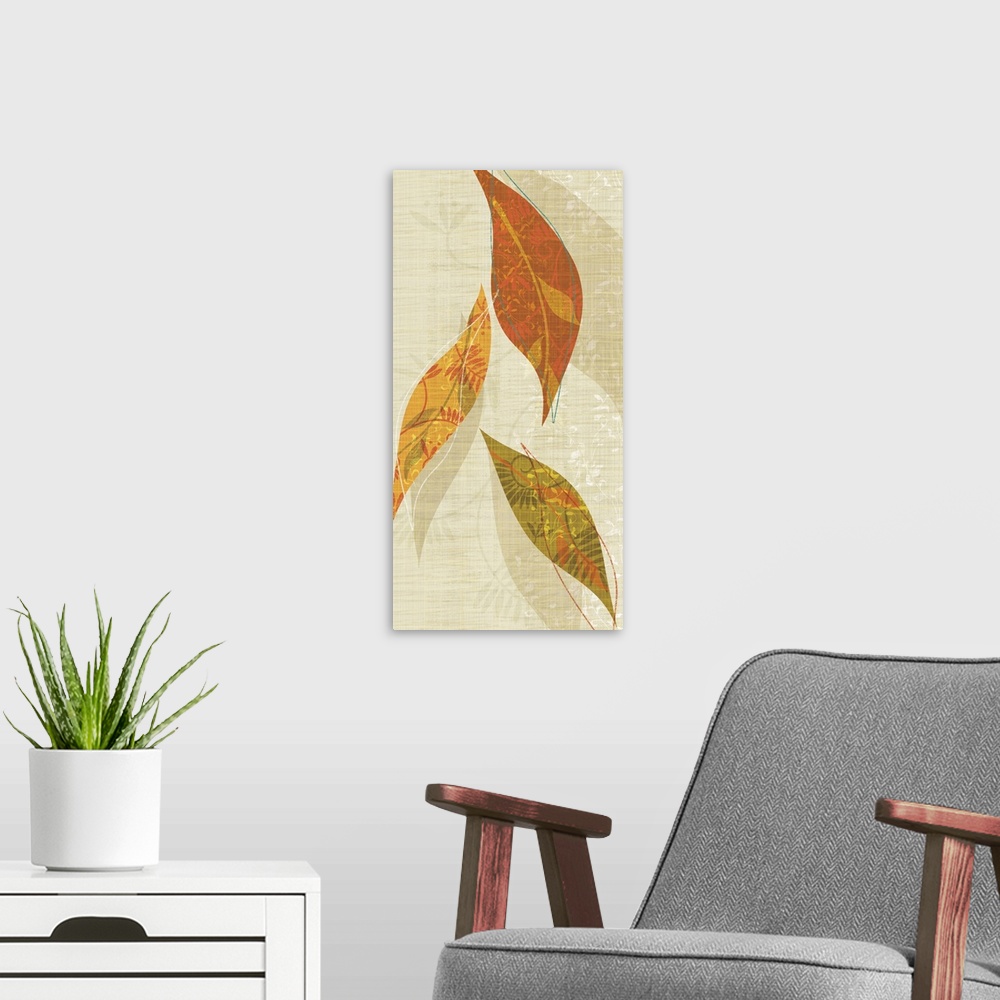 A modern room featuring Vertical decorative artwork of modern leaves with patterned details in natural colors of orange, ...