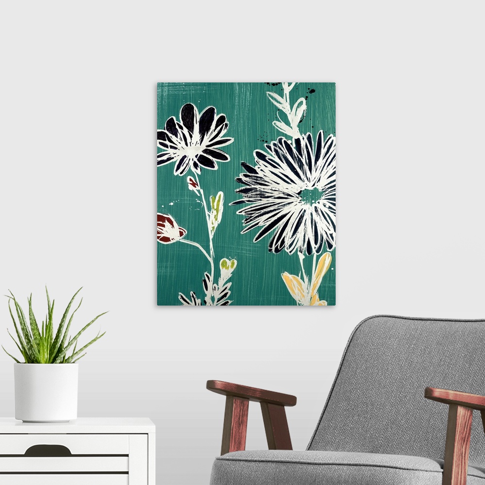 A modern room featuring Modern painting of flowers in white, black, red and yellow against a teal background with vertica...