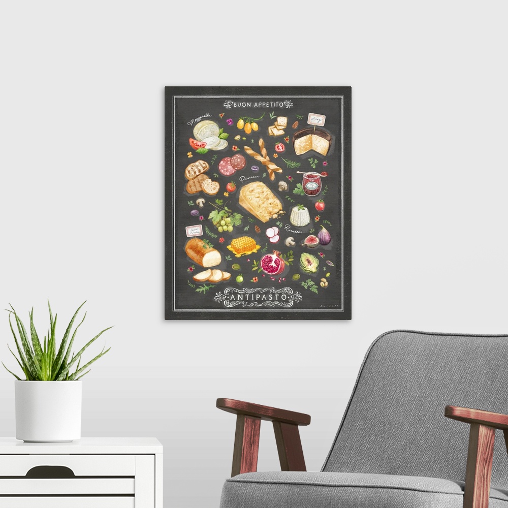 A modern room featuring Savor this antipasto art perfect for your dining and dining areas.