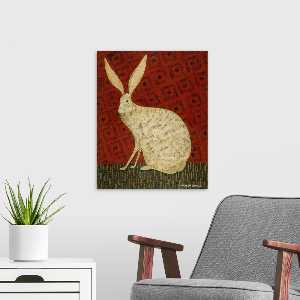 A modern room featuring Oversized, vertical folk art painting of a hare with large pointy ears, sitting in the grass, in ...