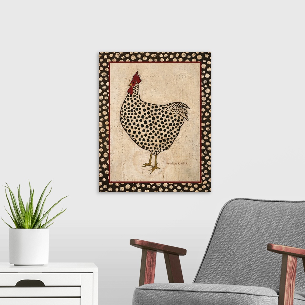 A modern room featuring Big illustration depicts a dotted fowl standing within a rectangular framed bare background.  Art...