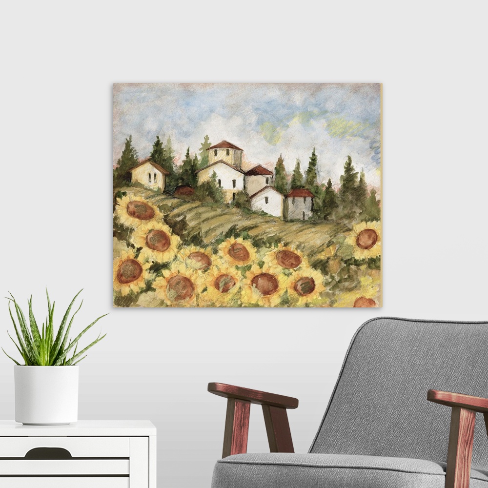 A modern room featuring Beautiful Tuscan fields filled with Sunflowers