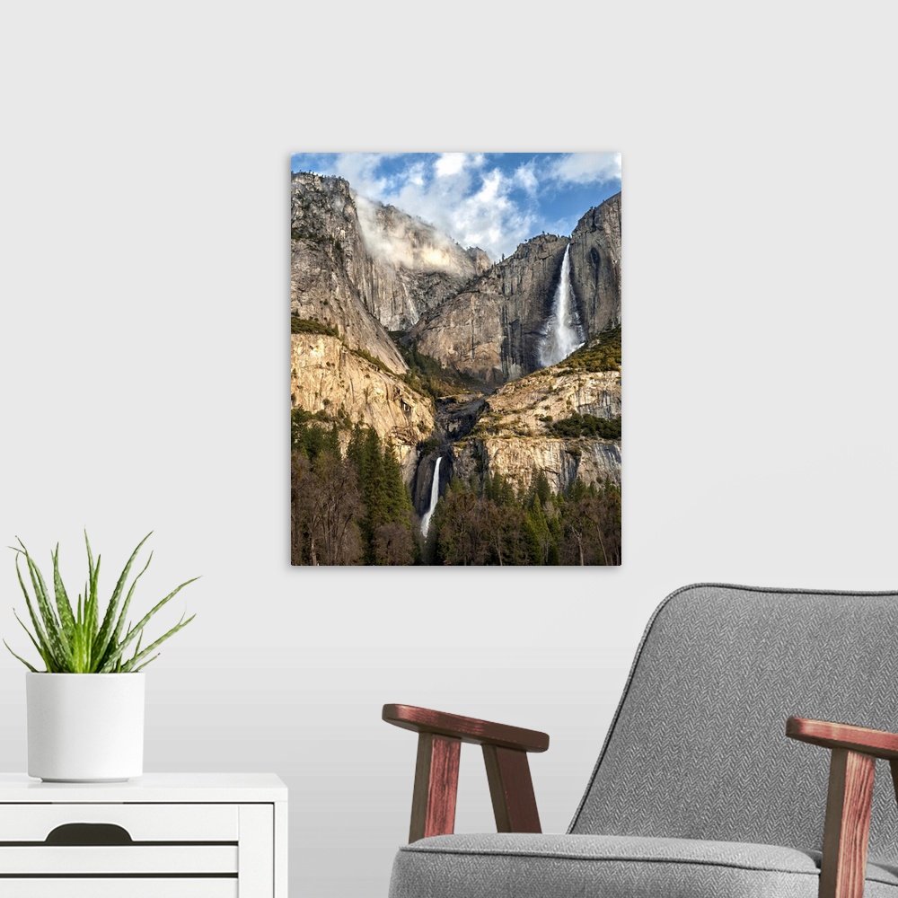 A modern room featuring USA, California, Yosemite National Park, Upper and Lower Yosemite Falls at sunrise