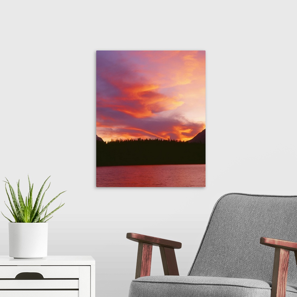 A modern room featuring Canada, Alberta, Banff National Park, sunset over Mount Bosworth and Herbert Lake..