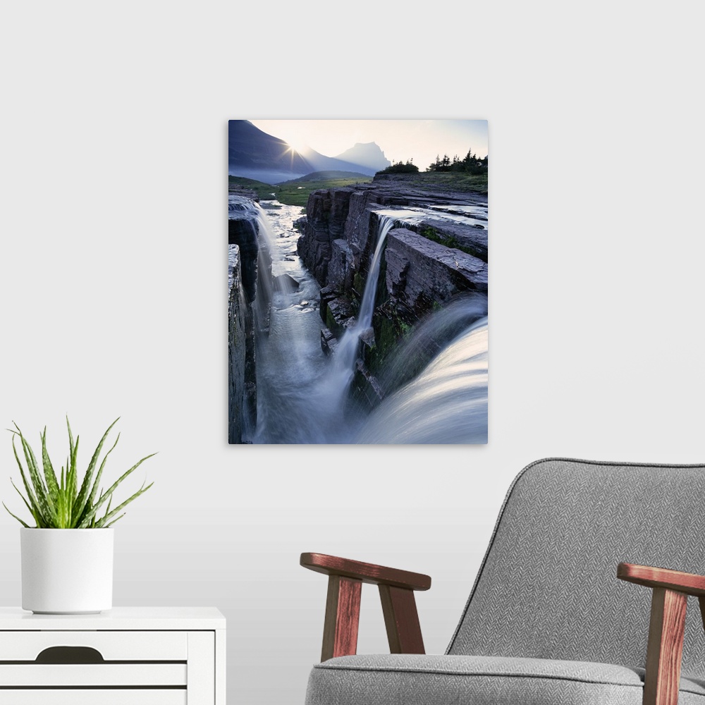 A modern room featuring Triple Waterfall at Logan Pass in Glacier National Park in Montana