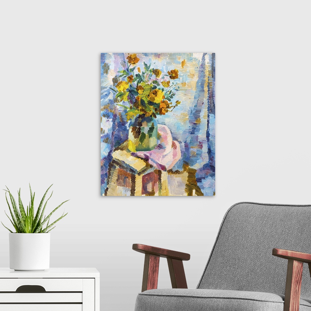 A modern room featuring Blue And Yellow Floral Still Life