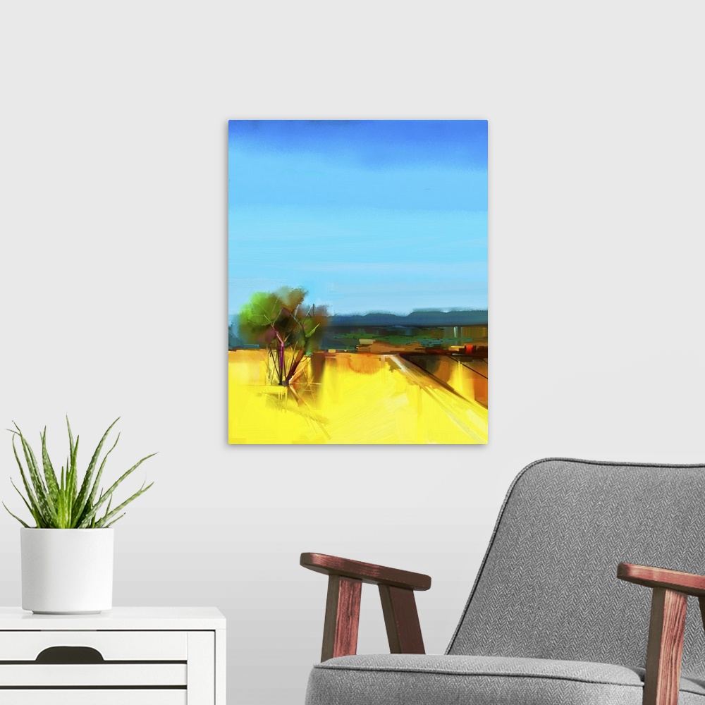 A modern room featuring Colorful Yellow Landscape And Blue Sky