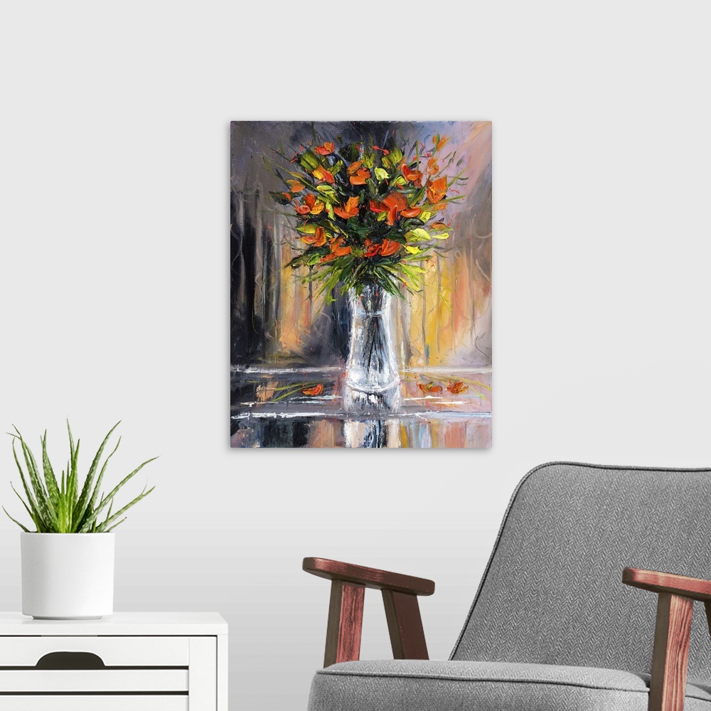 A modern room featuring Orange Flower Bouquet
