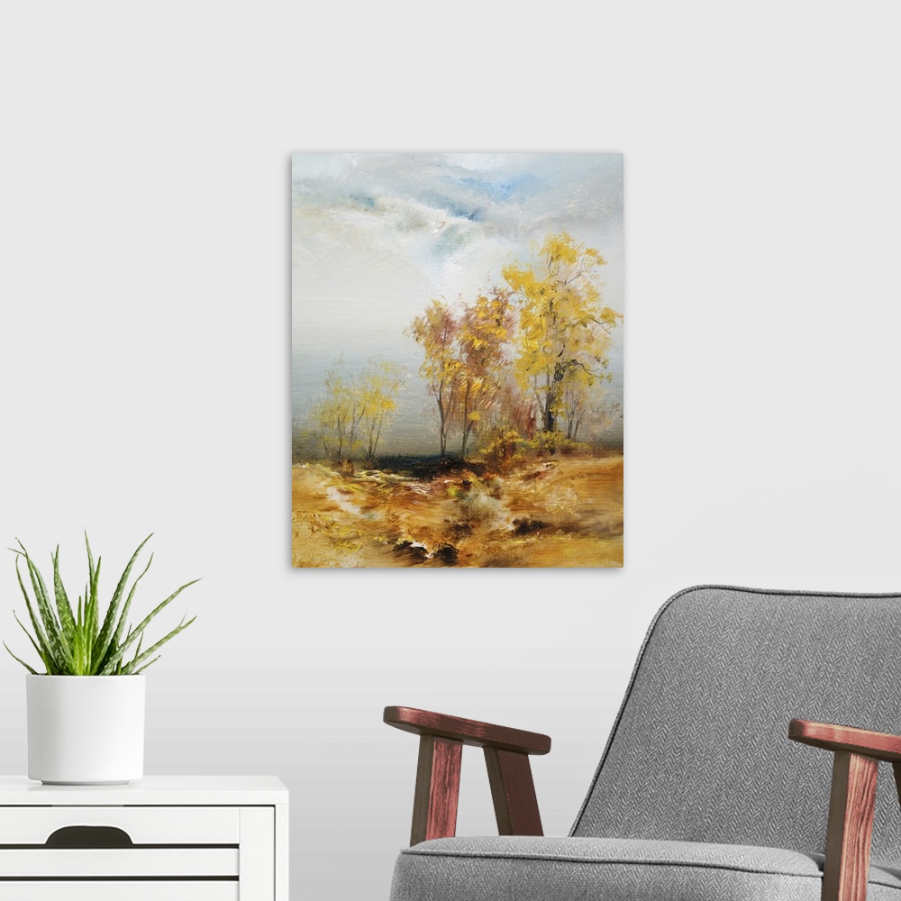 A modern room featuring Trees in autumn, originally an oil painting.