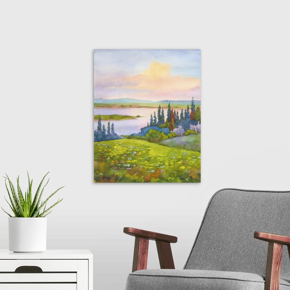 A modern room featuring Watercolor landscape of hills with spring flowering trees and meadows on a river in the valley.