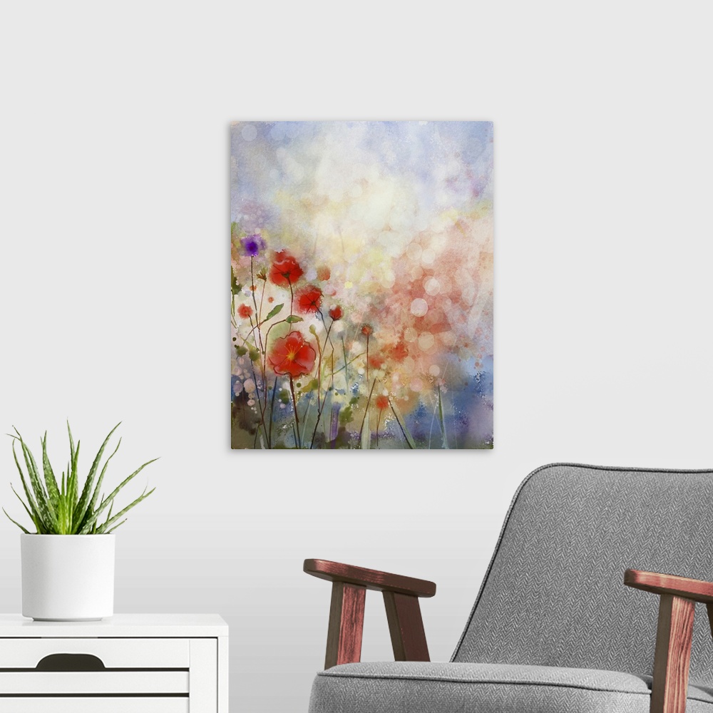 A modern room featuring Originally a watercolor painting of red poppy flowers. Flowers in soft color and blur style. Spri...
