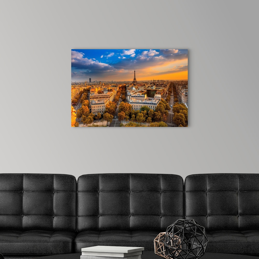 France Paris Champs Elysees Cityscape From The Arc De Triomphe Eiffel Tower Sunset Wall Art