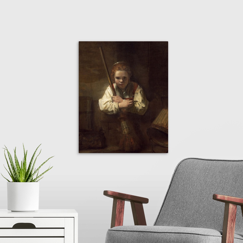 A modern room featuring A Girl with a Broom, by Rembrandt's workshop, 1651, Dutch painting, oil on canvas. A young girl, ...