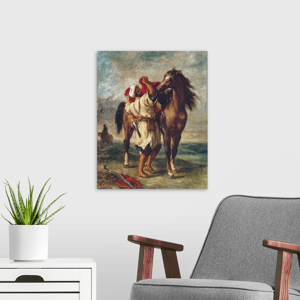 A modern room featuring Arab Saddling His Horse