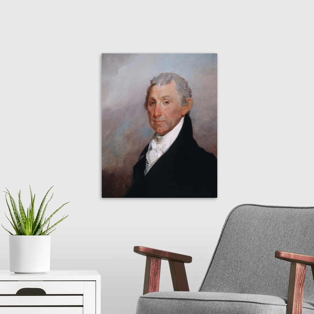 A modern room featuring James Monroe, by Gilbert Stuart, 1817, American painting, oil on canvas. Colonel George Gibbs, Rh...