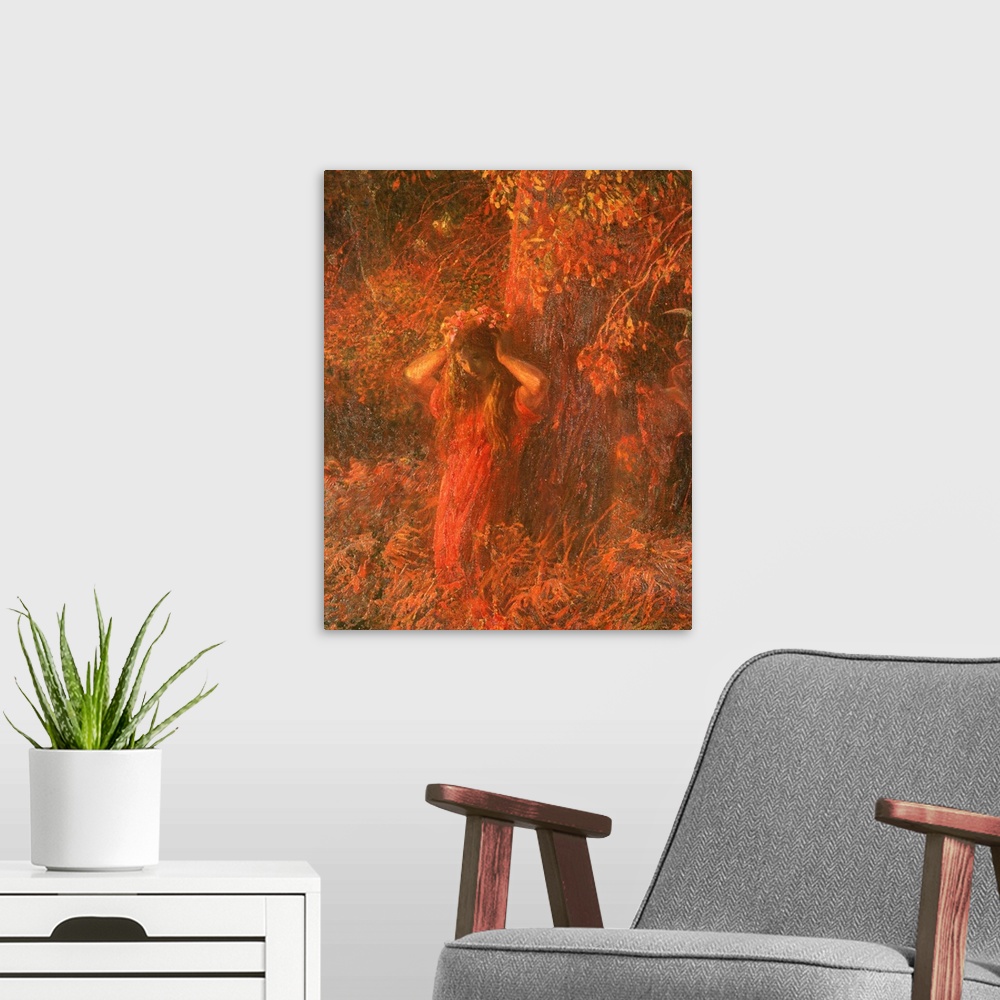 A modern room featuring Private collection. Whole artwork view. Painting on different shades of red. A girl in a wood wea...